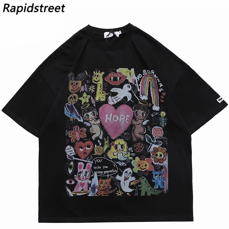 Hommes T-Shirt surdimensionné Hip Hop Streetwear peinture lettre coeur arc-en-ciel anges graphique