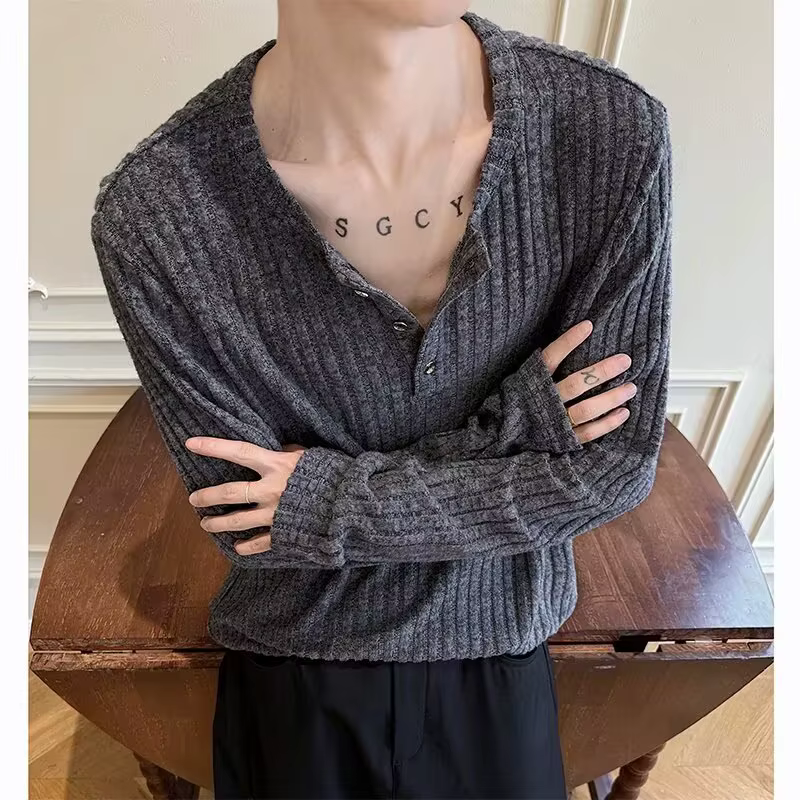 T-shirt à col Henry à manches longues pour homme – Nouvelle collection Printemps-Automne 2026 – Décontracté et confortable