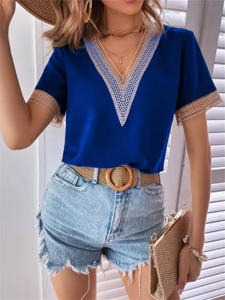Nouveaux T-shirts pour femmes à col en V en dentelle
