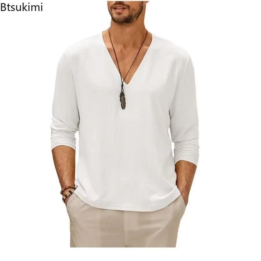 T-shirt à manches longues en coton et lin pour hommes