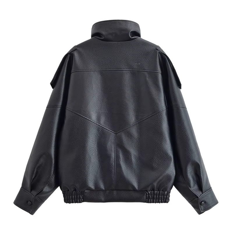 Veste femme automne 2025 nouveau noir à manches longues galets Faux cuir