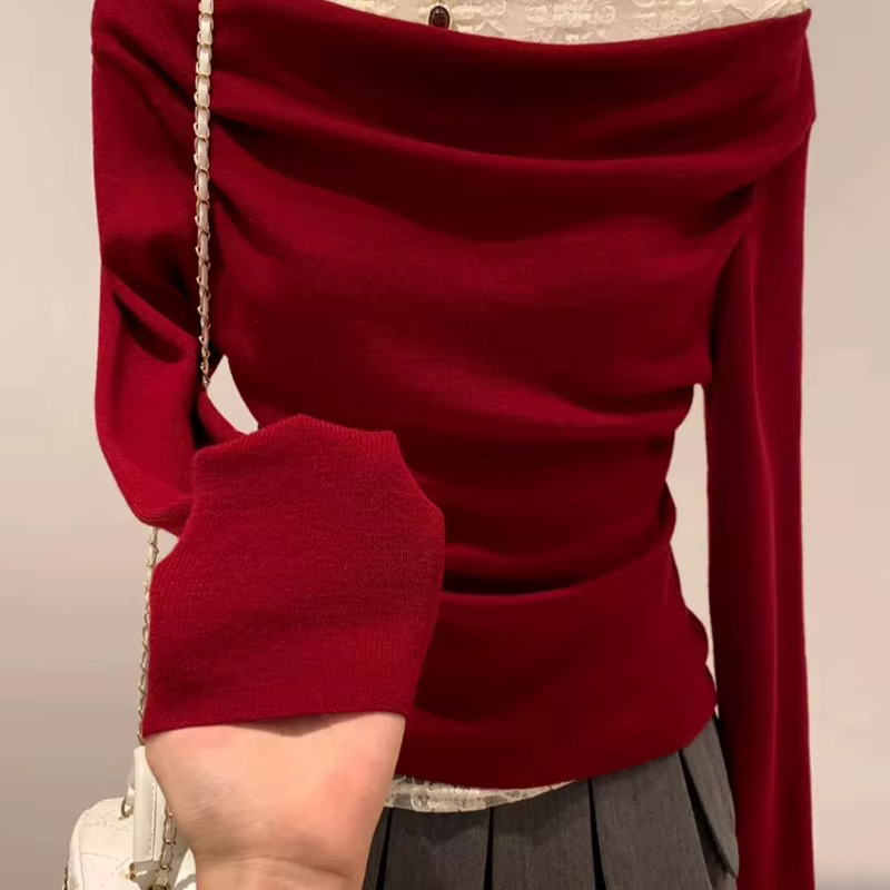 Dentelle rouge un cou épaules dénudées T-Shirts à manches longues femmes