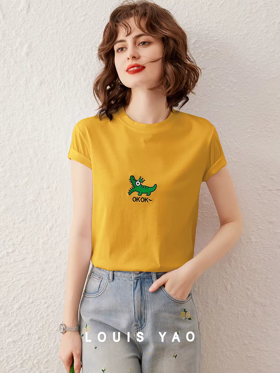 Modiis Yao-T-shirt brodé crocodile pour femme, col rond basique, pull à manches courtes, haut décontracté, t-shirt à la mode, été 2024