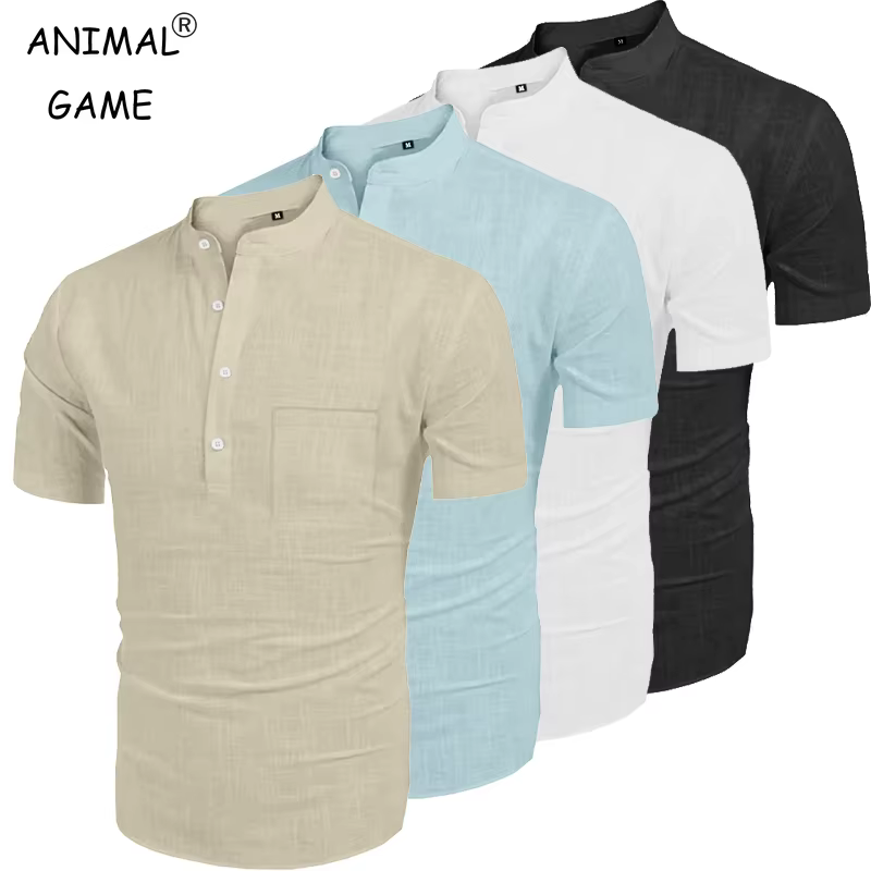 Été hommes Henley Shot manches t-shirt casual Hippie plage coton col de chemise léger Yoga