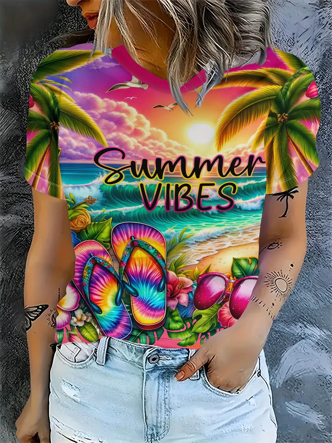 T-shirt vibrant pour femme - Motif graphique de plage « Summer Vibes »