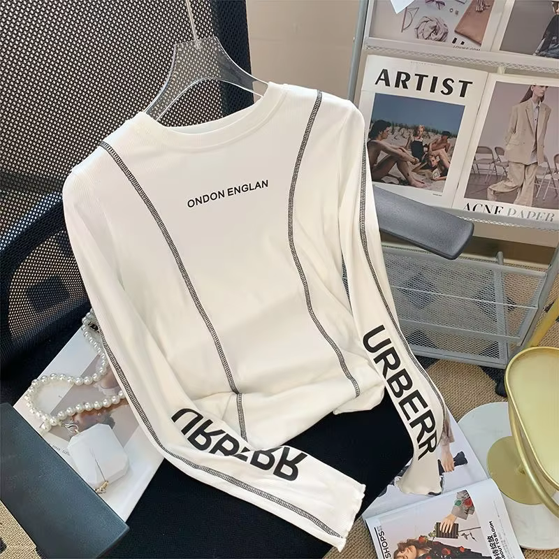 T-shirt à manches longues imprimé lettre blanche pour femmes