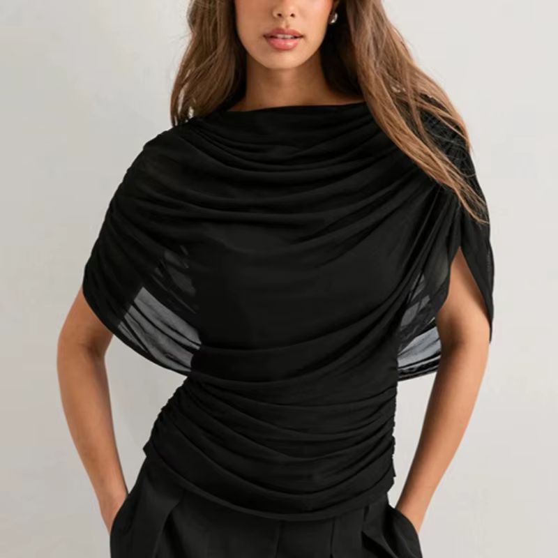 Haut élégant drapé à col bénitier en maille, manches courtes, coupe ajustée, sexy, style 'Hot Girl', avec taille froncée, couleur unie, pour l'été