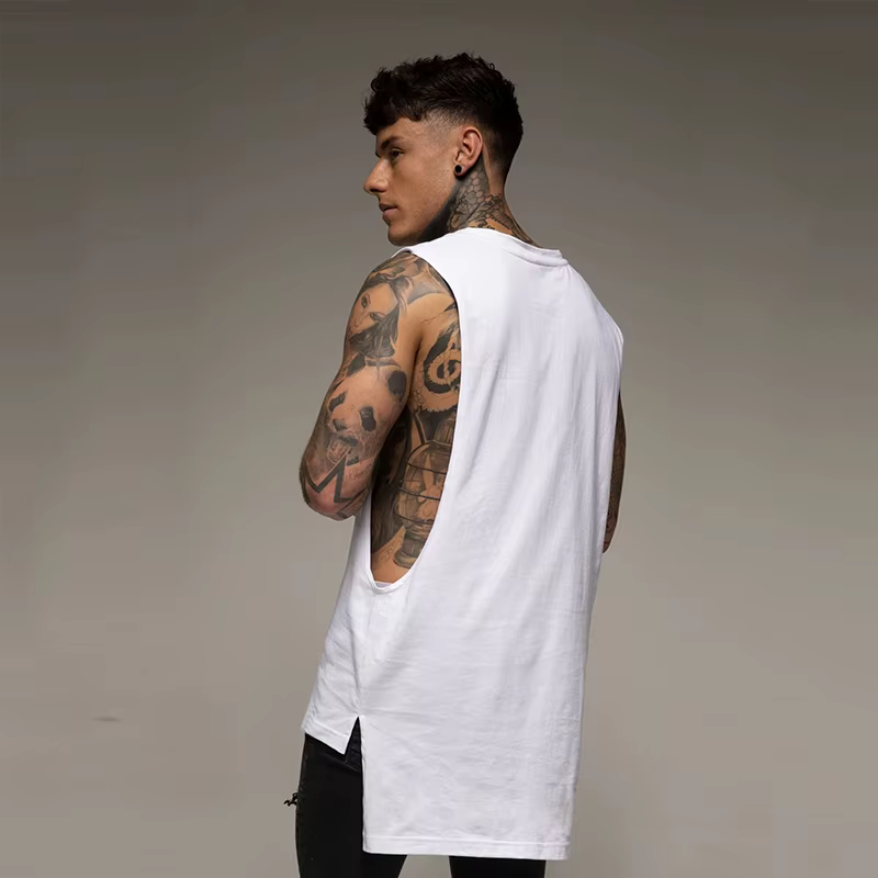 Chemise de sport en coton pour hommes, haut de sport, vêtements de fitness d'été, chemise d'entraînement, chemise longue pour hommes, Hip Hop