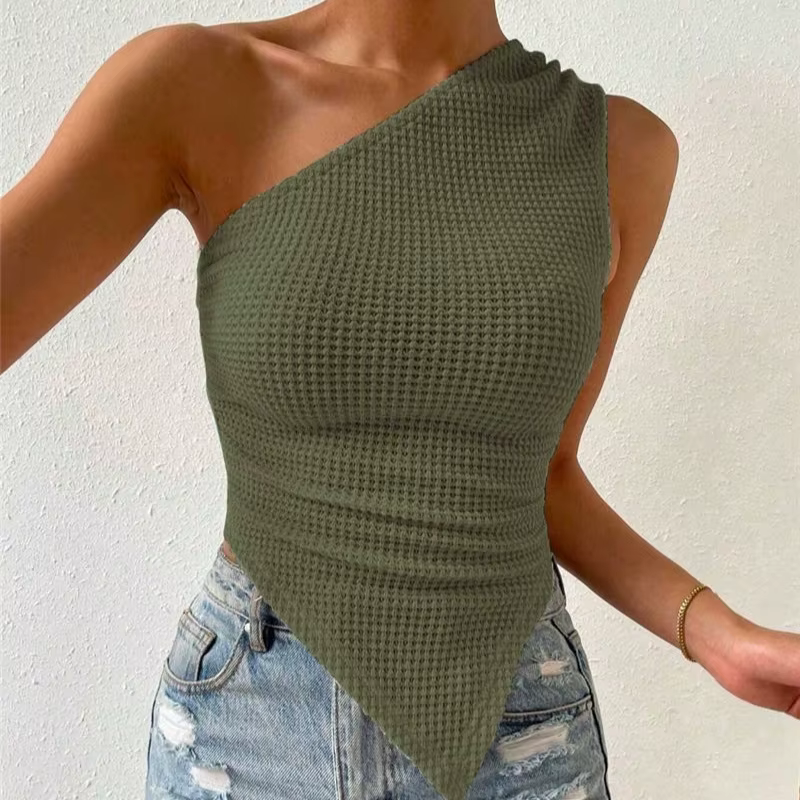 Débardeurs asymétriques sexy sans manches à épaules dénudées en tissu gaufré pour femme