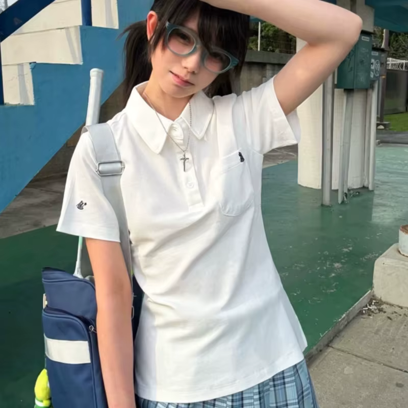Deeptown basique broderie T-Shirts femmes à manches courtes col Polo Style japonais JK
