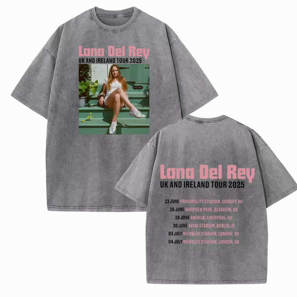 Lana Del Rey Uk et Irlande Stadium Tour 2025 T-shirt délavé Vintage col rond manches courtes coton T-Shirts