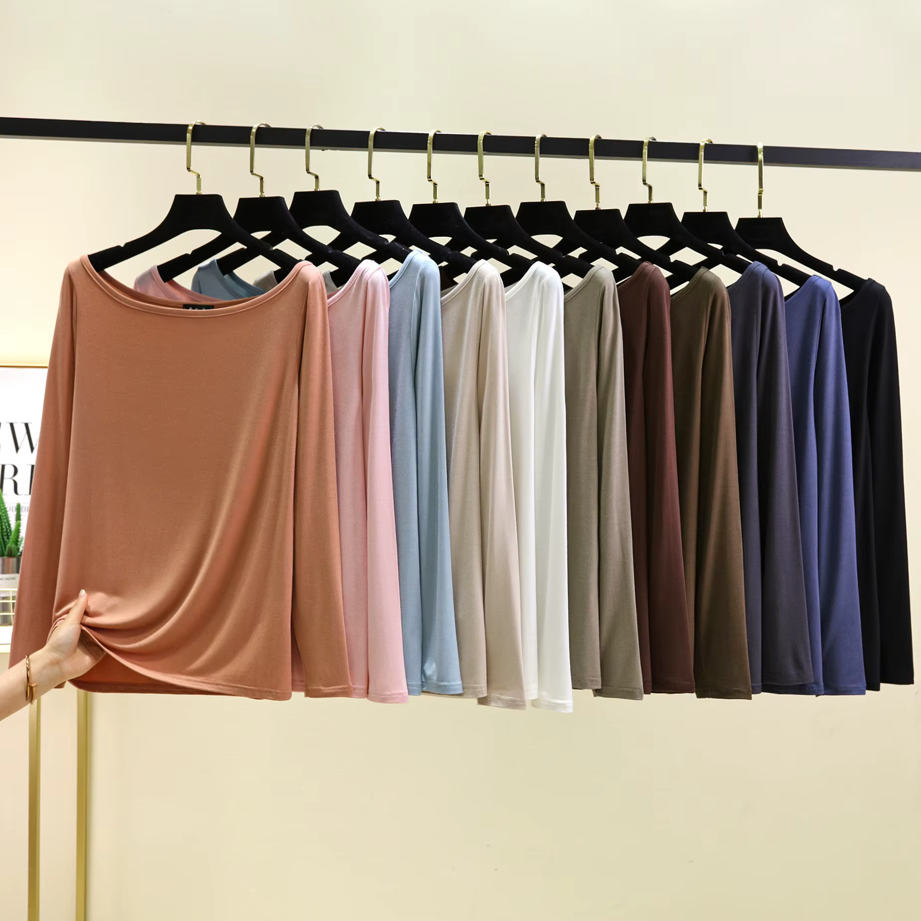 Modal col bateau t-shirts manches longues femmes coupe ajustée T-Shirt couleur unie couche de Base haut maillot de