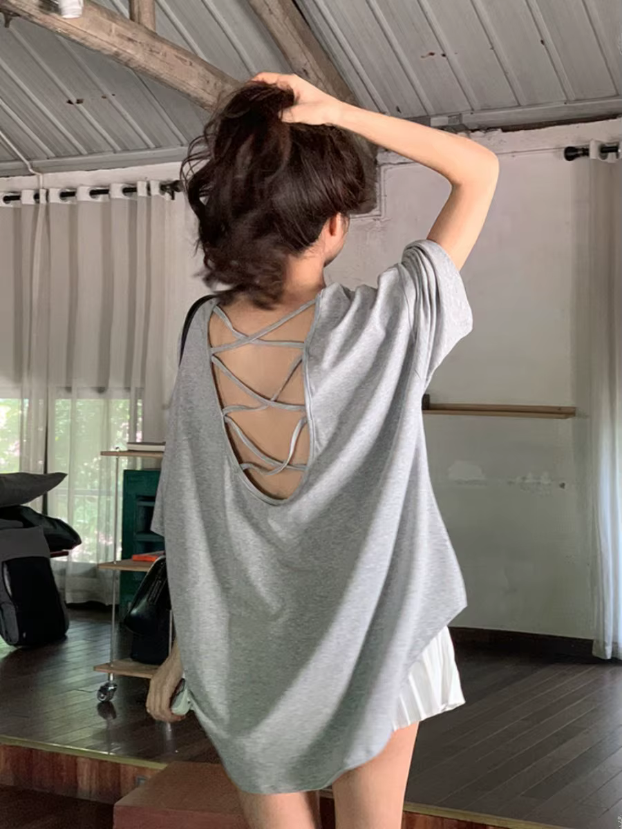 T-shirt dos nu à manches longues pour femme