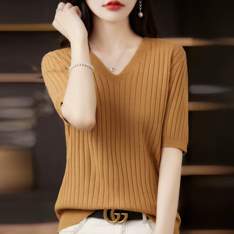Pull femme printemps été manches courtes col en v chemise en tricot décontracté coréen pulls rayure