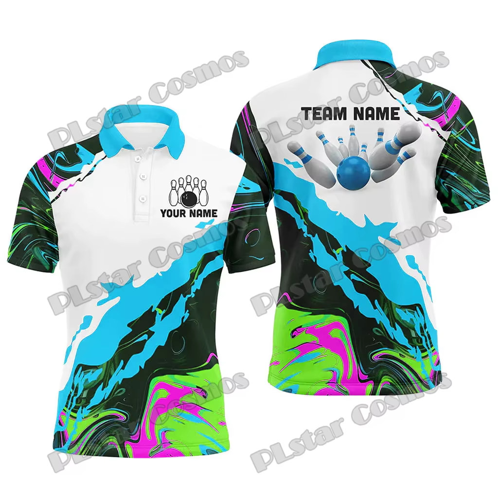Camo Bowling Ball And Pins Option multicolore Nom personnalisé 3D Imprimé Polo pour hommes Été Unisexe