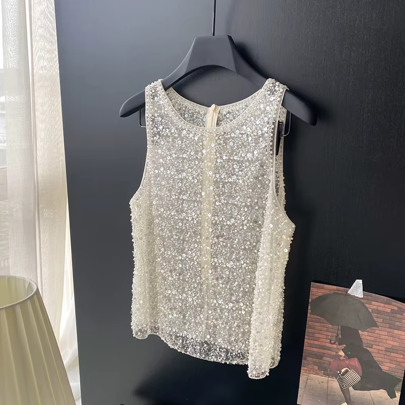 Débardeur de luxe pour femme avec sequins et perles