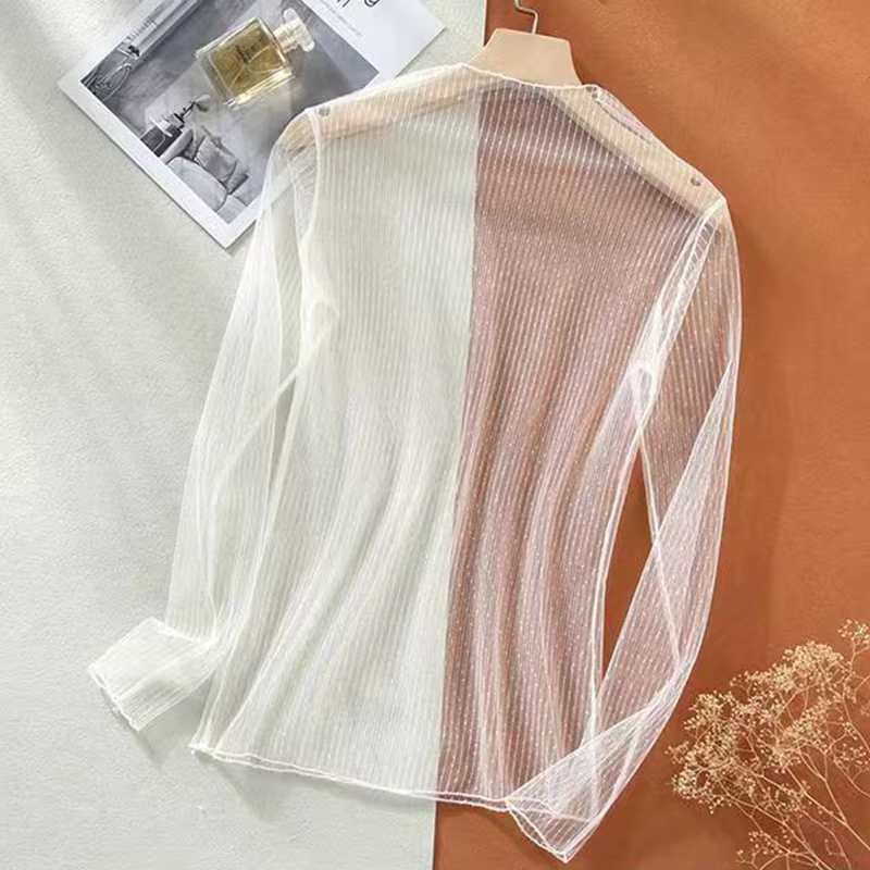 Sexy voir à travers les hauts femmes Transparent à manches longues dentelle T-shirt maille Tulles
