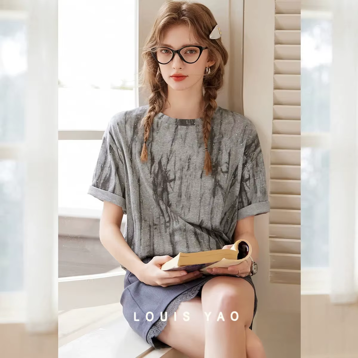 LOUIS YAO T-shirt femme 2025 été décontracté col rond couleur contrastante ample manches courtes texturé couches