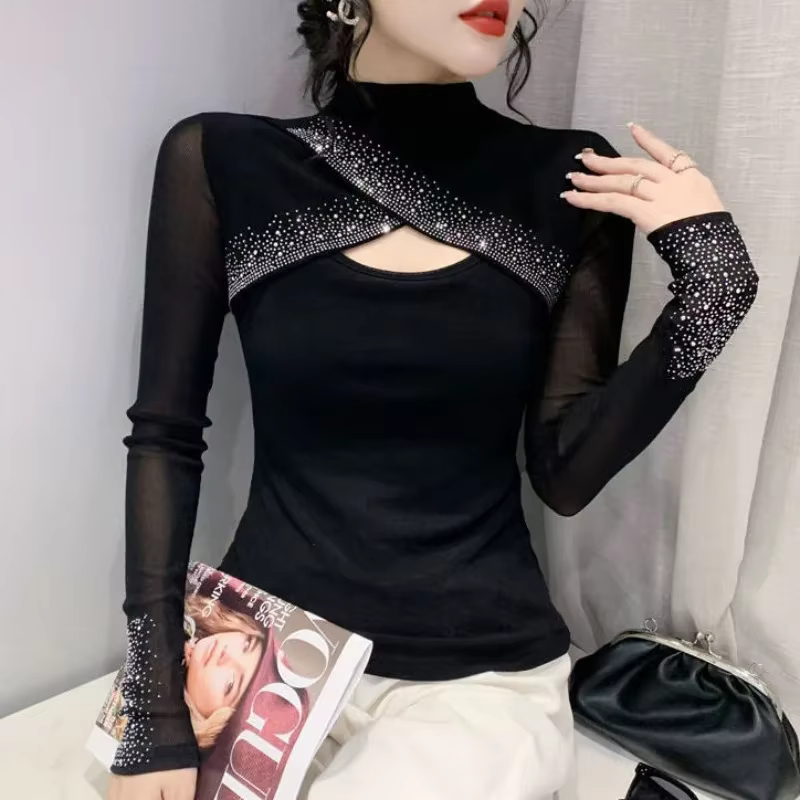 T-shirt à manches longues pour femmes noir paillettes printemps haut d'automne femme strass