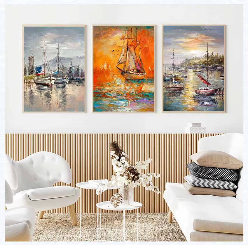 Peinture abstraite sur toile d'un bateau à voile sur la mer, art mural pour salon, chambre à coucher, maison, peinture à l'huile moderne peinte à la main