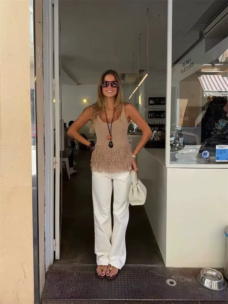Haut pour femme Été 2026 Nouveauté Camel Sans Manches à Paillettes Style Vacances Sexy Tendance Unique High Street
