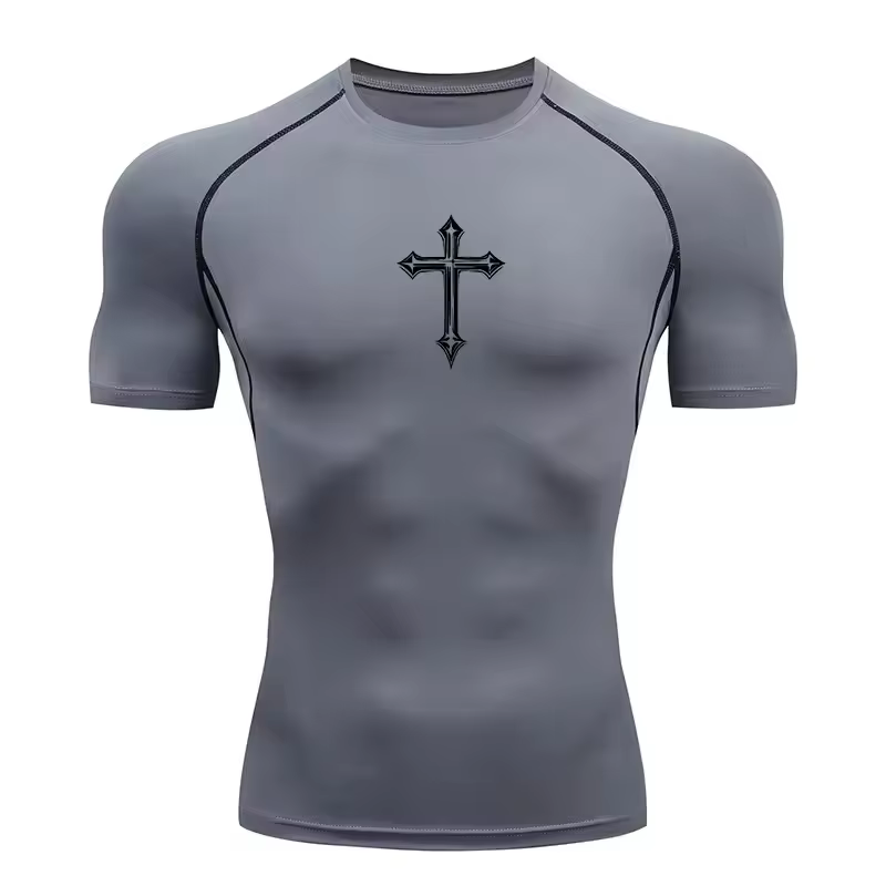 T-shirt de compression imprimé croisé pour hommes, T-shirt athlétique chrétien, hauts de sport, sous-vêtements de gym, de course, de musculation, sous-maillots, Rash Guard