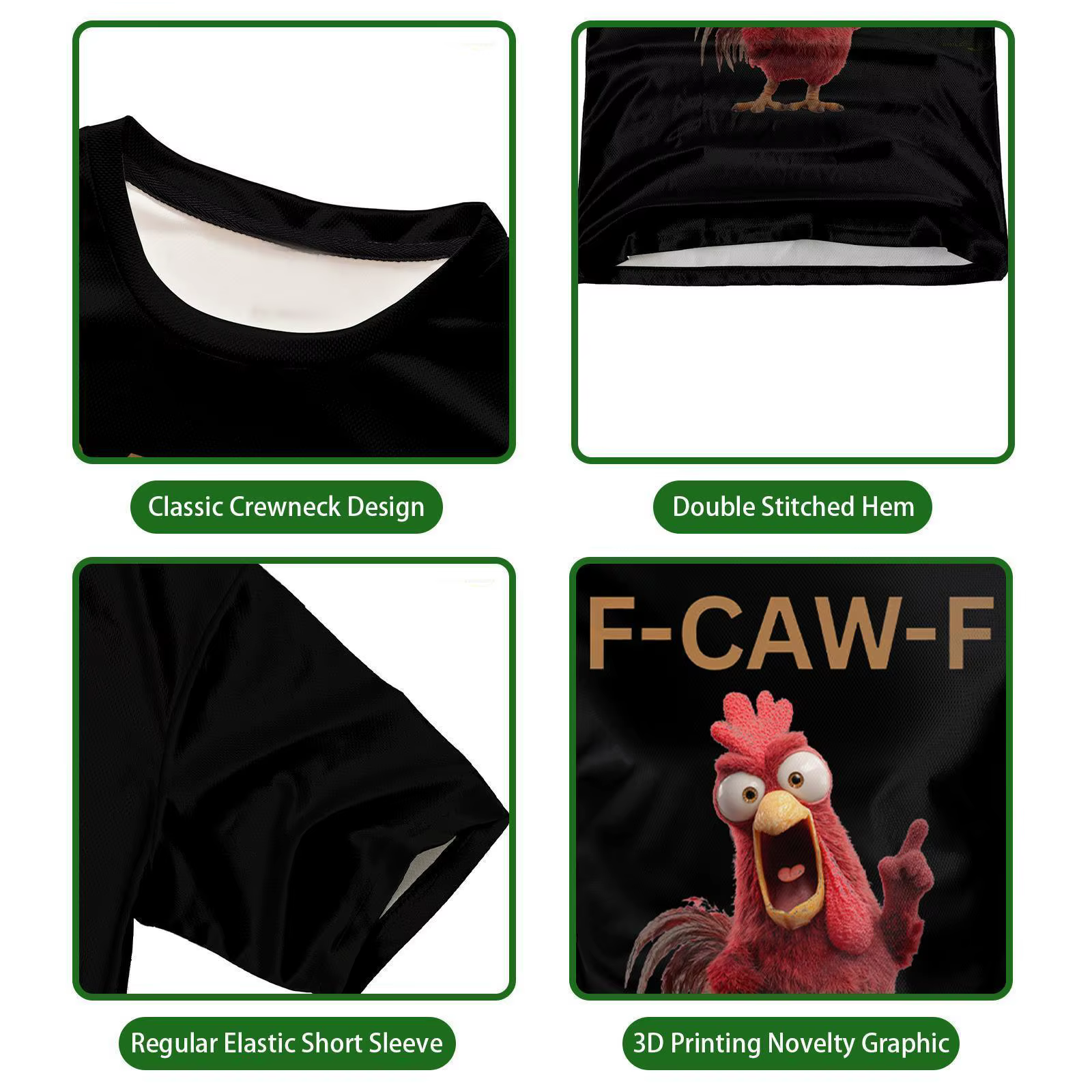 T-shirt manches courtes col rond pour hommes et femmes, imprimé poulet drôle f-chaw-f, décontracté, respirant, graphique de dessin animé