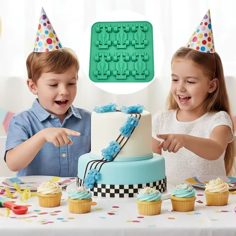 Moule à glaçons en silicone antiadhésif 6 cavités en forme de voiture de course, idéal pour la pâtisserie 3D et les aliments complémentaires - Nouveauté ustensiles de cuisine