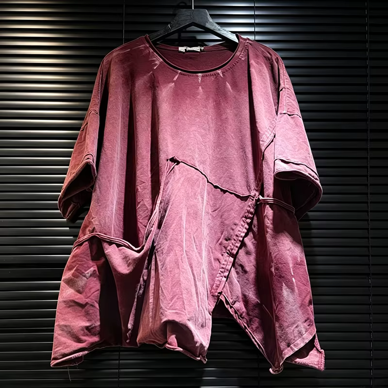 DEAT 2026 T-shirt d'été déstructuré et délavé avec patchwork