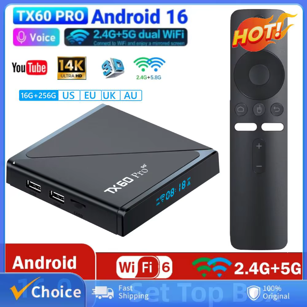 Boîtier TV intelligent Android 24 TX60 Pro 16G+256G Lecteur multimédia 14K Wi-Fi double bande 2.4G/5G Décodeur Wi-Fi 6 Boîtier Android Mali-G31 avec télécommande