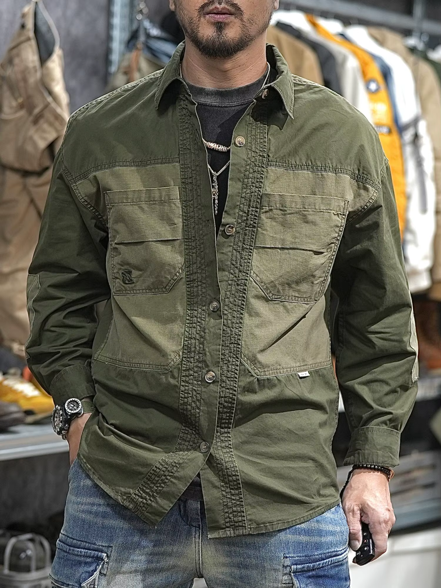 Patchwork utilitaire décontracté vêtements de travail en plein air chemises pour hommes printemps été haute qualité 100% coton épaule tombante Safari Cargo chemise
