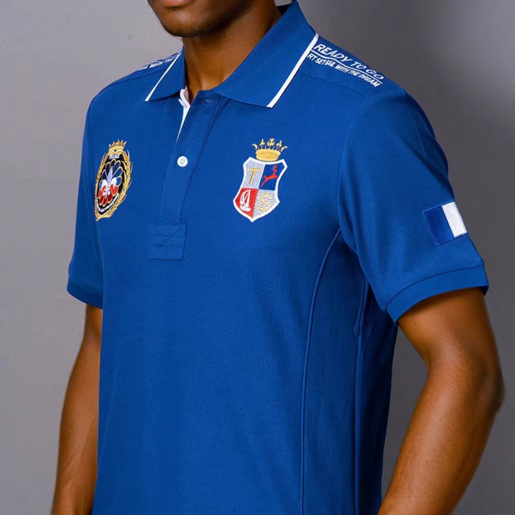 Polo homme France manches courtes Royal loisirs sport fête coton brodé avec fente contraste couleur original