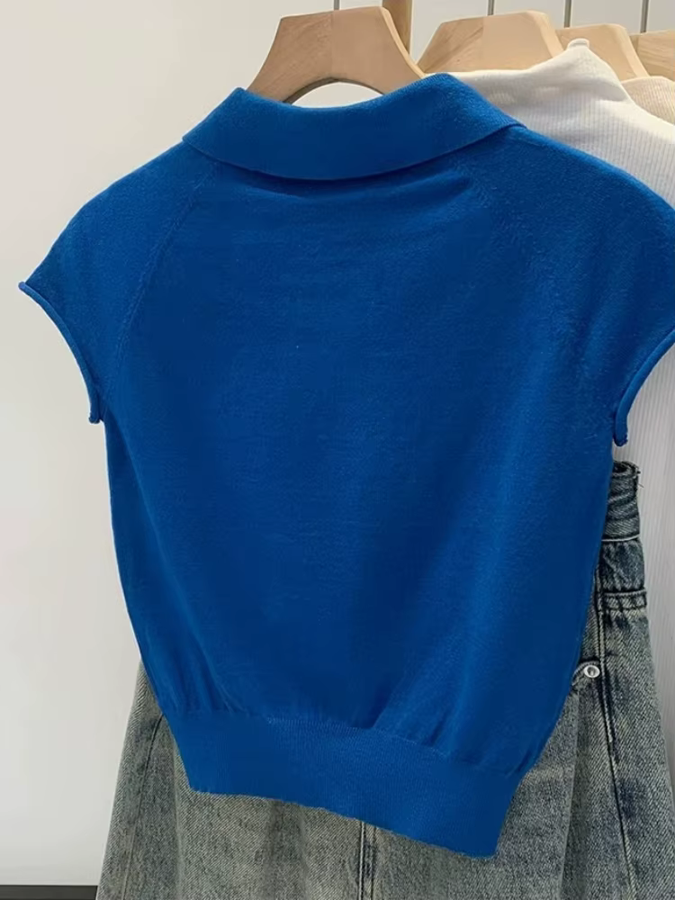Nouveau T-shirt Femme Col Polo Bleu Marine Été 2026 – Haut Tricoté Chic et Décontracté à Manches Courtes Couleur Unie Tendance