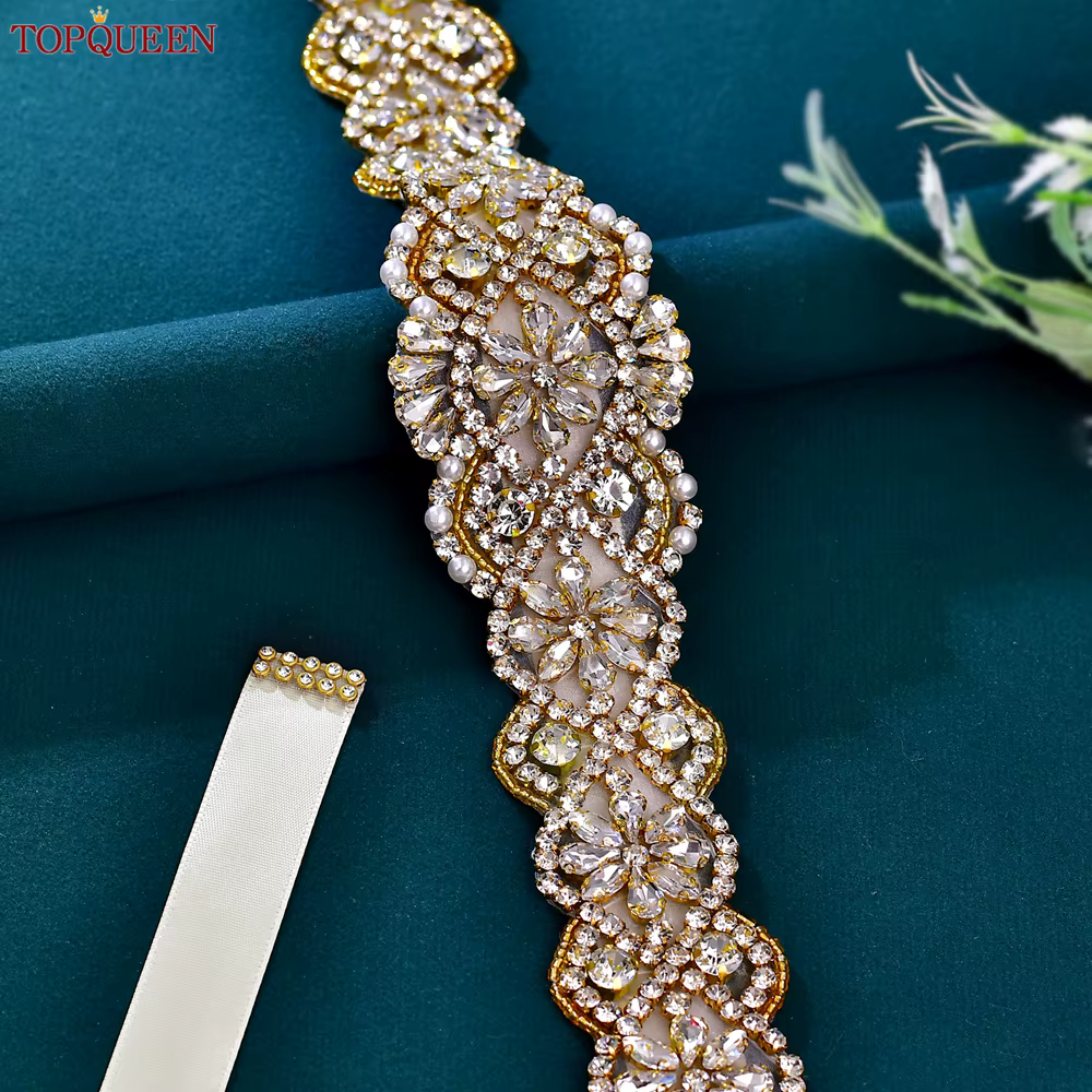 TOPCLS EEN robe de mariée ceinture de luxe cristal doré femmes Saree large biscuits Applique pour soirée robe de mariée cadeaux S161B-G