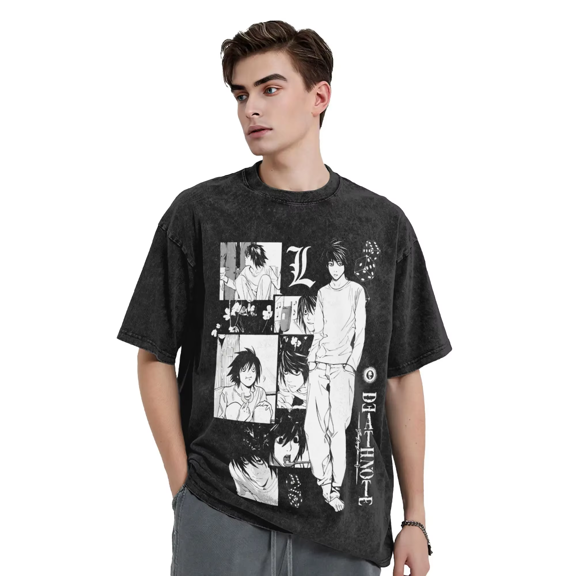 T-shirts Manga DEATH NOTE L Lawliet à imprimé graphique, T-shirts oversize délavés, T-shirt à manches courtes en coton doux, vêtements pour hommes et femmes