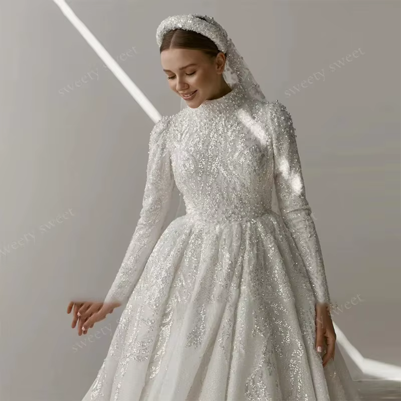 Robe De mariée luxueuse en dentelle brodée, col haut, ligne a, manches longues, robe De mariée personnalisée