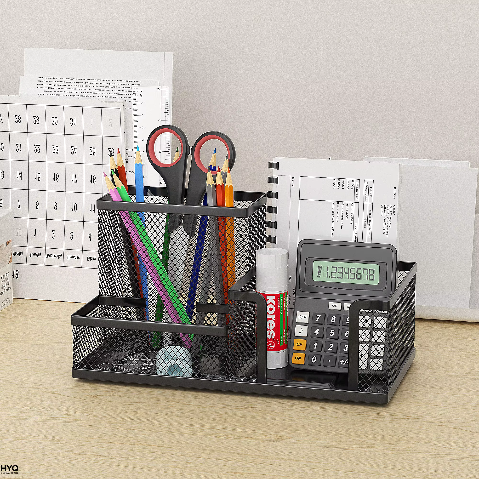Organisateur de bureau en maille avec porte-crayons et paniers de rangement pour accessoires