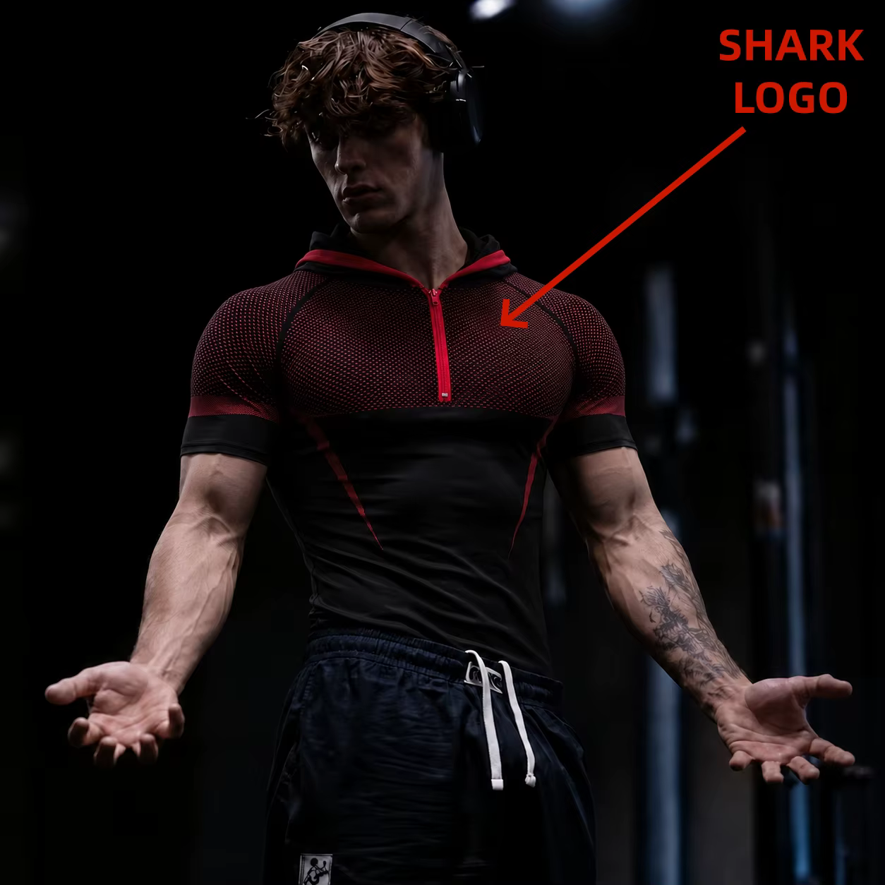 T-shirt à capuche GYM ONYX V5, combinaison de fitness avec logo en silicone SHARK, haut d'entraînement pour sports de plein air, haut à capuche à manches courtes pour la course à pied et le fitness