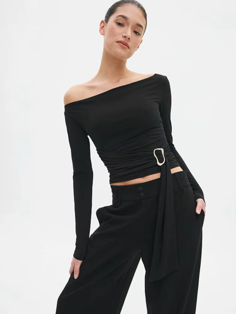T-shirts à manches longues pour femmes vêtements esthétiques Slash cou haut court glands t-shirt couleur unie Camisetas coupe ajustée Ropa De Mujer