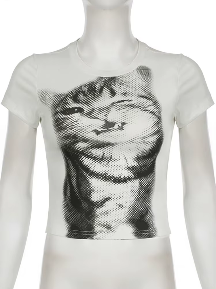 Harajuku Animal imprimé haut court basique blanc à manches courtes col rond T-shirt femmes décontracté mince t-shirts dame y2k Vintage
