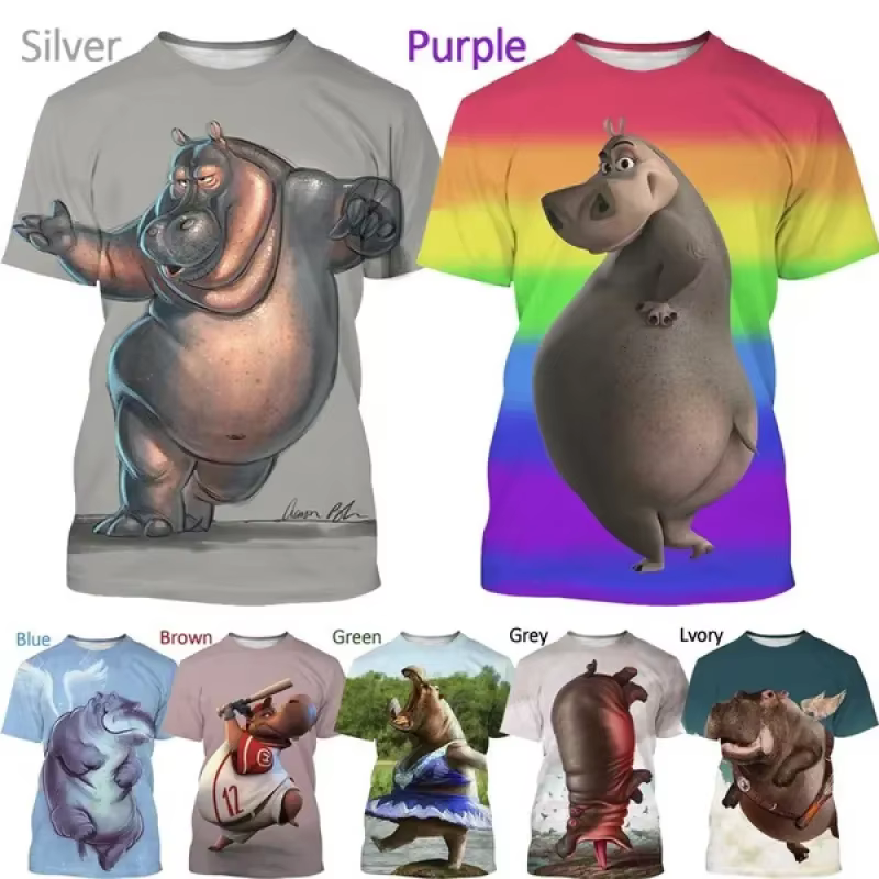 T-shirt à imprimé graphique hippopotame de dessin animé, personnalité animale, mode masculine, décontracté, drôle, impression 3D, streetwear, basique, col rond, manches courtes