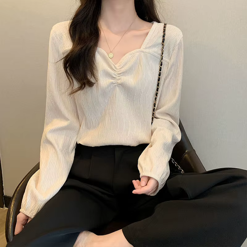 Chemise à manches longues et col en V pour femme