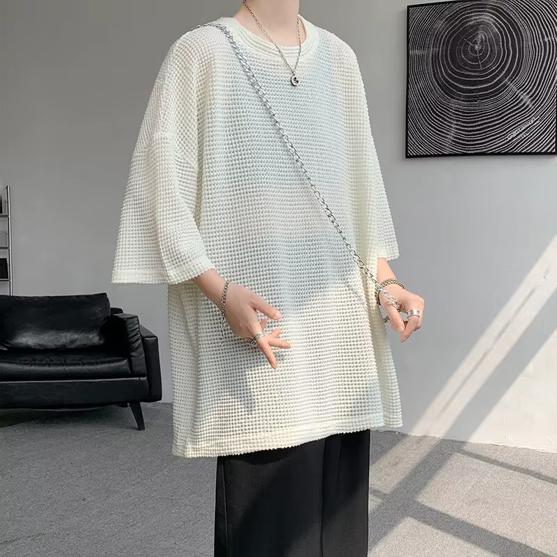 Chemise de Base hommes été surdimensionné demi manches T-Shirt Semi Transparent perforé respirant Streetwear