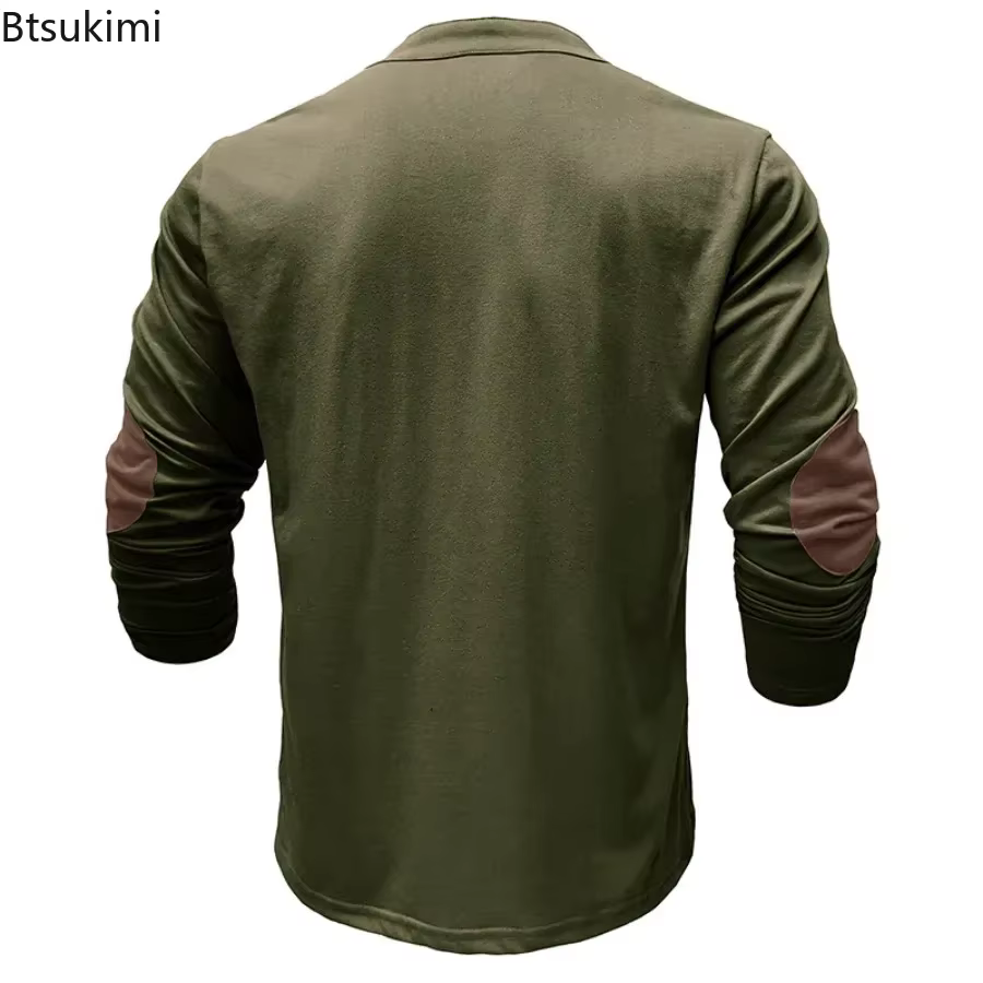 Nouveaux T-shirts Homme à Lacets Coupe Slim Col V Manches Longues Hauts de Sport Décontractés Uni Style Henley Mode Rétro Basiques