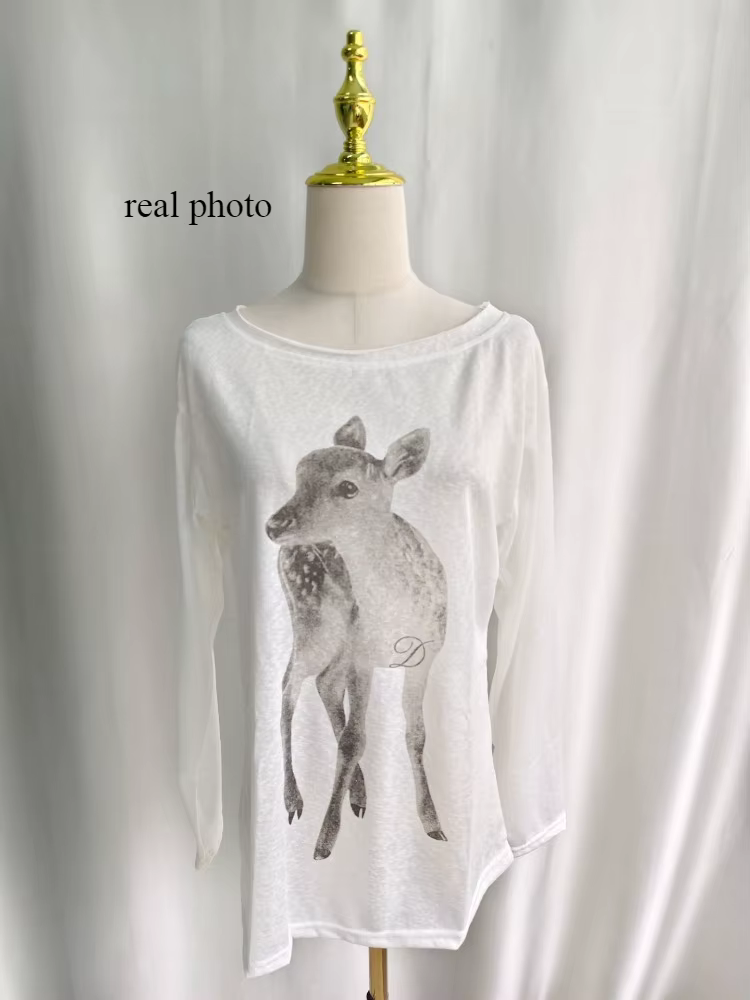 Kimotimo T-shirt Femme Été Imprimé Épaules Dénudées Manches Longues 2026 Nouveau Décontracté Transparent Ample Style