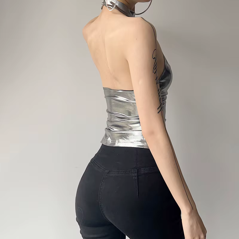 Haut en cuir verni argenté brillant pour femme