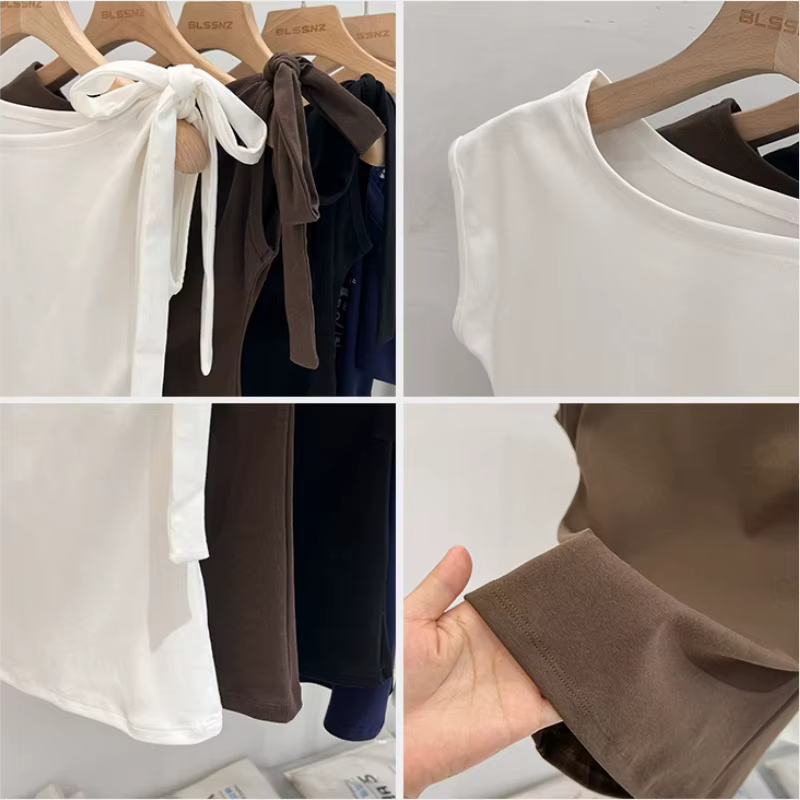 Nouveau T-shirt blanc à manches courtes pour femme, été 2026, avec détail nœud sexy, hauts décontractés et polyvalents pour femme, style coréen, couleur unie