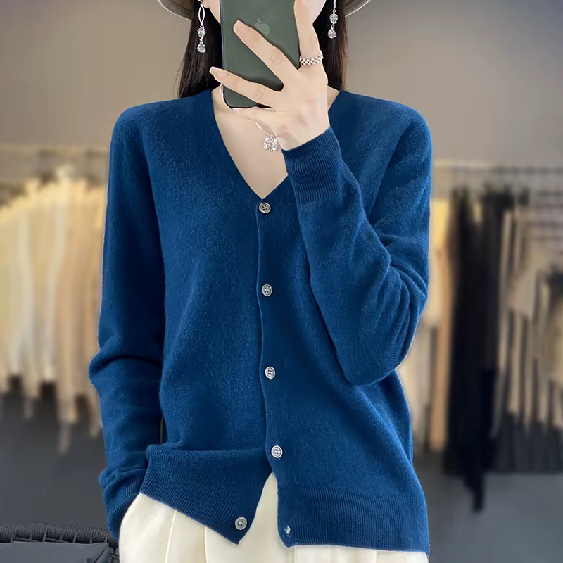 100% laine mérinos pull automne hiver femmes nouveau col rond solide tricoté Cardigan décontracté cachemire tricots à manches longues doux hauts