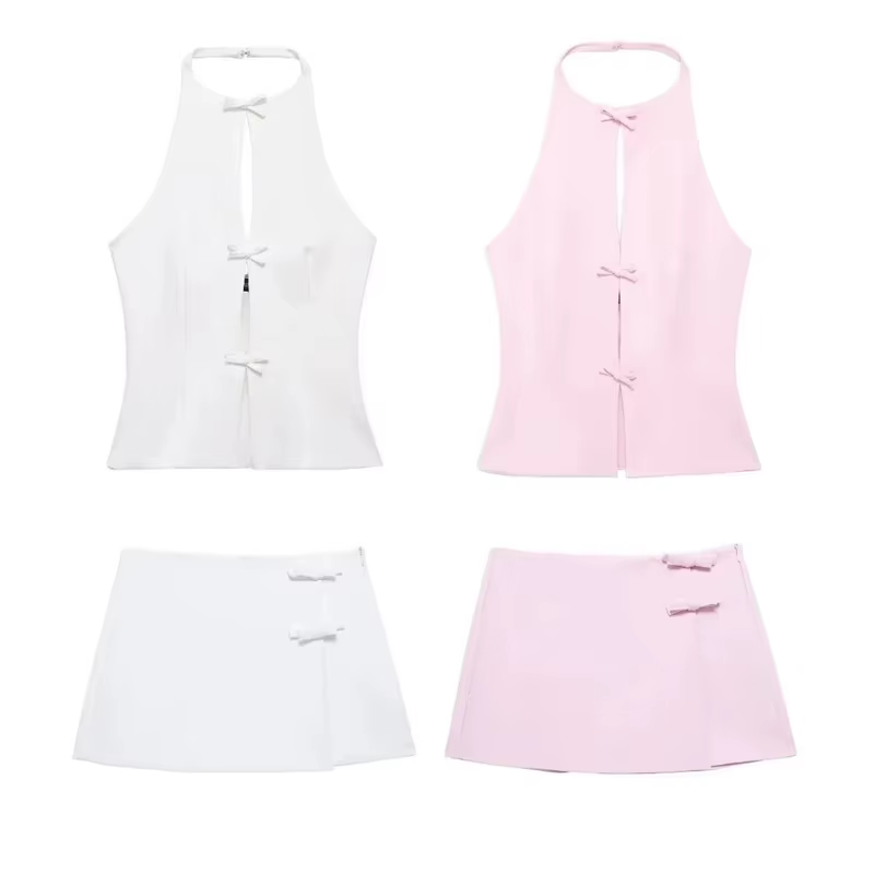 MUJER 2025 épaules dénudées haut à licou femme rose blanc