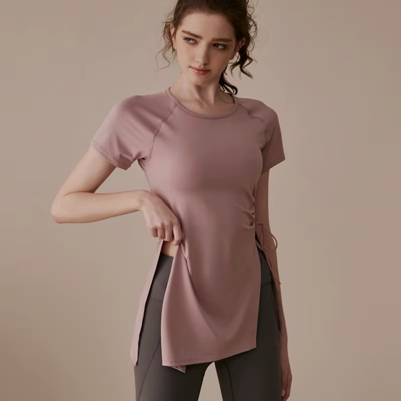 Femmes Yoga chemises manches courtes Sport T-Shirts respirant chemise de course Fitness côté cordon fendu haut